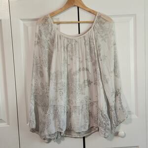 Luisa Ricci Women's Vintage Gray Floral Long Sleeve 100% Silk Blouse Size LG‎